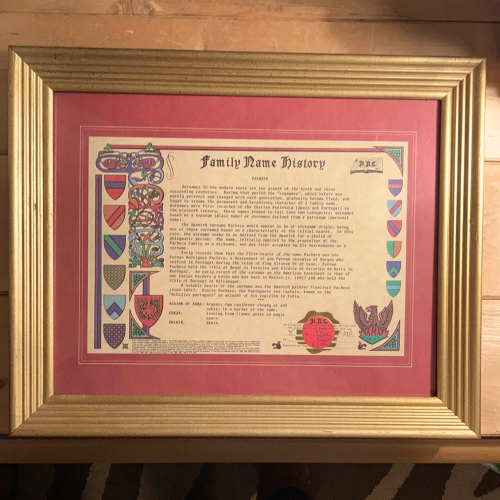 PACHECO framed family name history.
